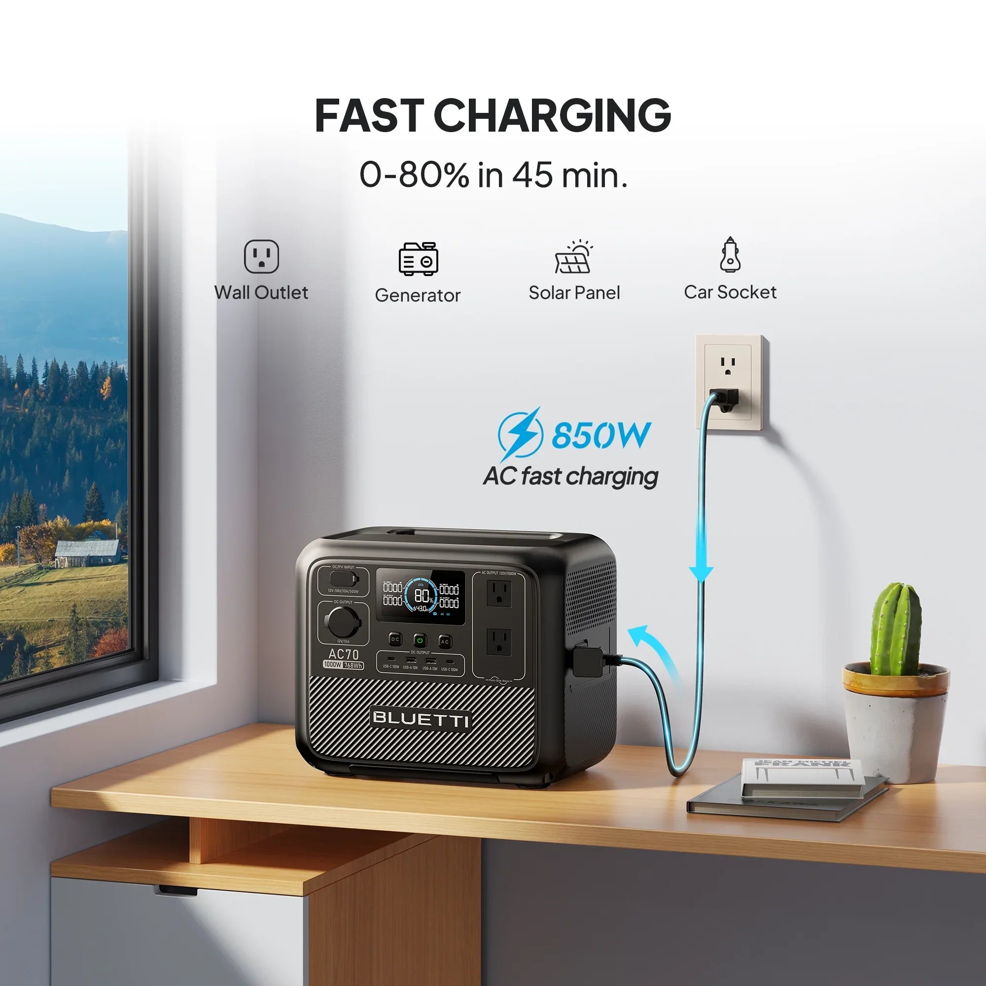 BLUETTI AC70+B80 Portable Solar Generator, 768Wh LiFePO4 Power Station, 80% Charge in 45 Mins, 1000W Rated Power (2000W Lifting Power) for Camping, Hiking, Home Backup