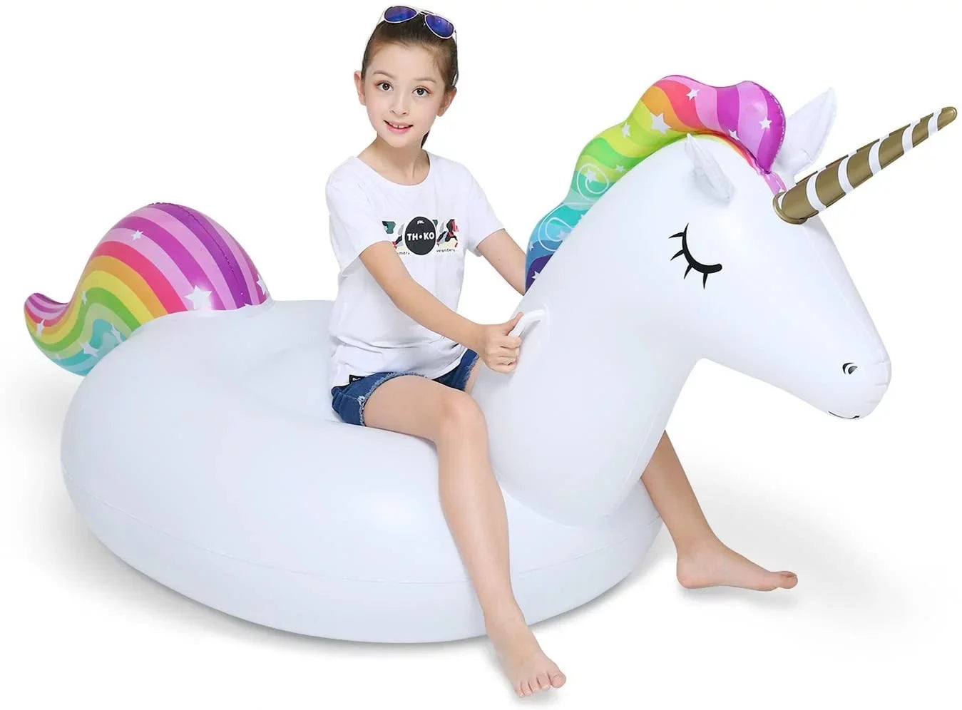 Big InfLatitudeable Unicorn Pool Float Floatie Ride On with Fast Valves Large Rideable Blow Up Summer Beach Swimming Pool Party Lounge Raft Decorations Toys Kids Adults
