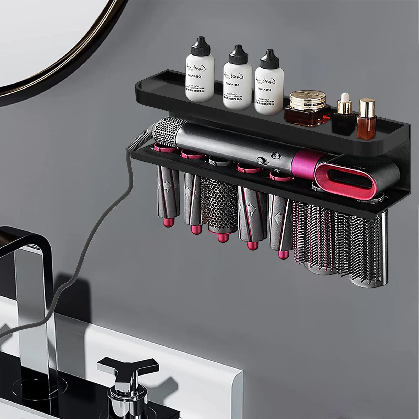 Linkidea Wall Mounted Stand Compatible with Dyson Airwrap, Hair Curling Iron Accessories Holder for Home Counter Bathroom Organizer (Black)