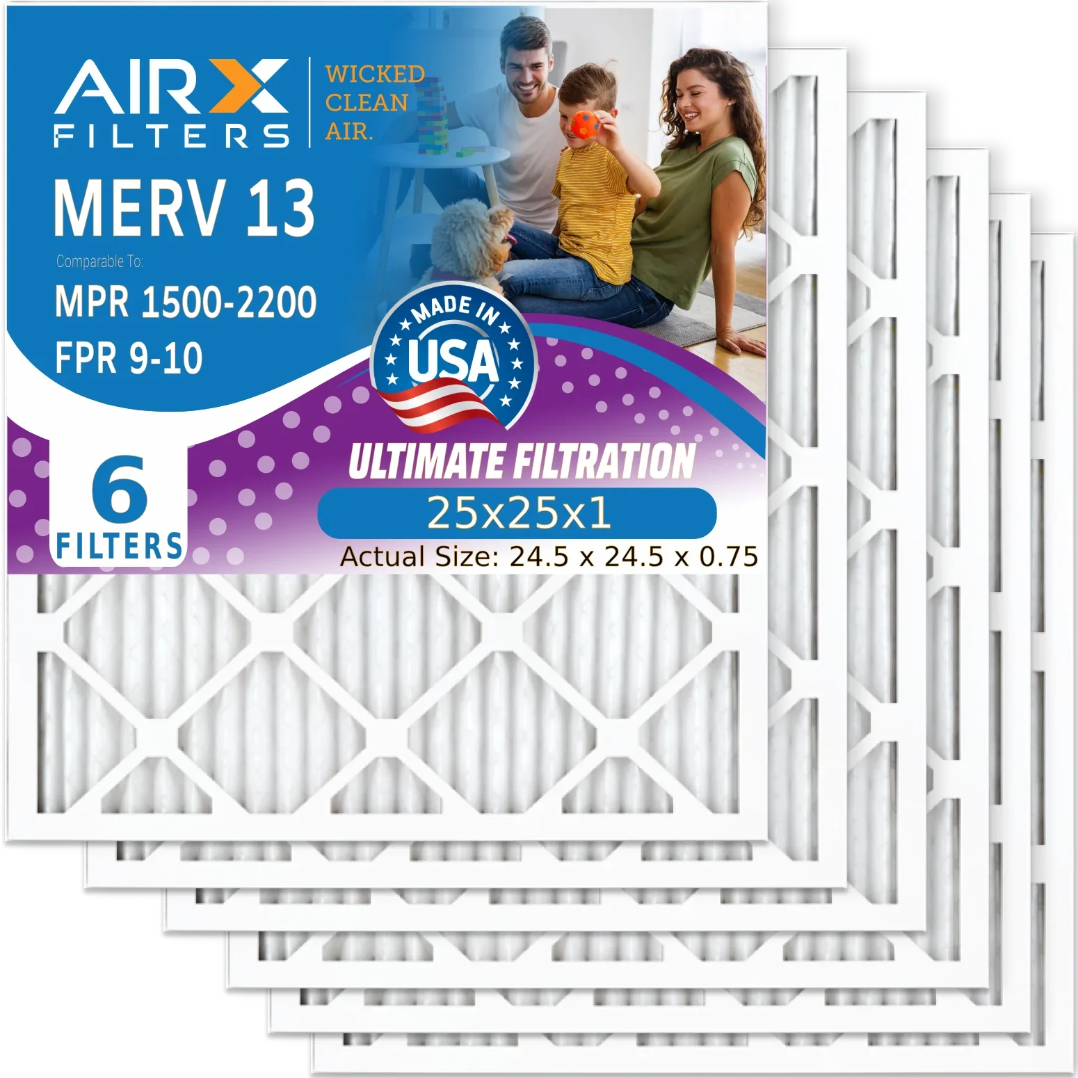 25x25x1 Air Filter MERV 13 Comparable to MPR 1500 - 2200 & FPR 9 Electrostatic Pleated Air Conditioner Filter 6 Pack HVAC AC Premium USA Made 25x25x1 Furnace Filters by AIRX FILTERS WICKED CLEAN AIR.