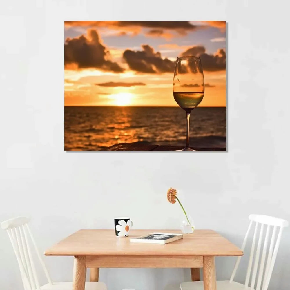 PRATYUS  Wall Art Painting Pictures Glass of white wine on the beach at sunset Sundowners Framed Poster Prints on Canvas Artwork for Living Room Bedroom Home Office Decor 20x16 Inch