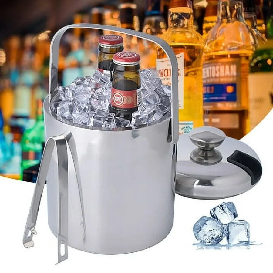 Double-Wall Stainless-Steel InsuLatitudeed Ice Bucket With Lid & Ice Tong 1300 ML