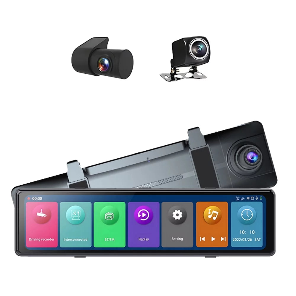Gecheer 3 Cameras Dash Cam 12in 2.5K Clear Car Rearview Mirror  Car Video Recording  Touched Screen Car  Recorder Auto Driving Recorder