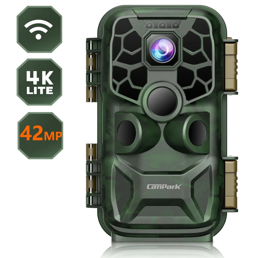 CAMPARK WiFi Trail Game Camera 4K 42MP Bluetooth Hunting Deer Camera with 3PIR Sensor Infrared Night Vision Waterproof IP66 0.2s Trigger 2.4" LCD Trail Cam for Wildlife Monitoring