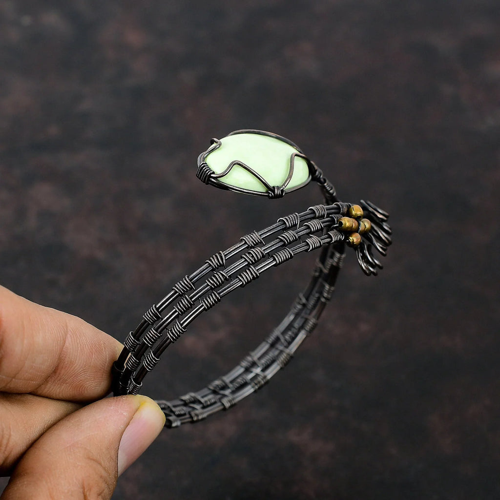 Lemon Chrysoprase Copper Wire Wrapped Cuff Bracelet Gemstone Adjustable Bangle