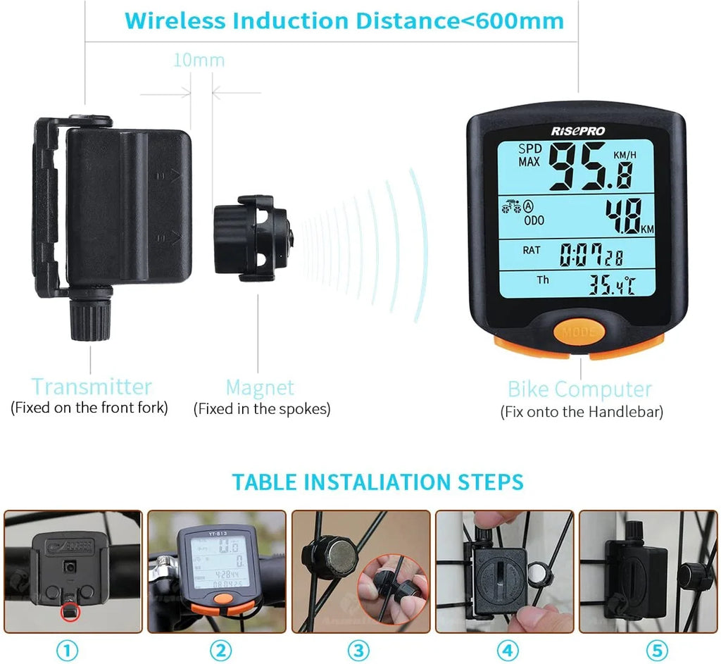 RISEPRO Bike Computer, Wireless Bicycle Speedometer Bike Odometer Cycling Multi Function Waterproof 4 Line Display with Backlight YT-813