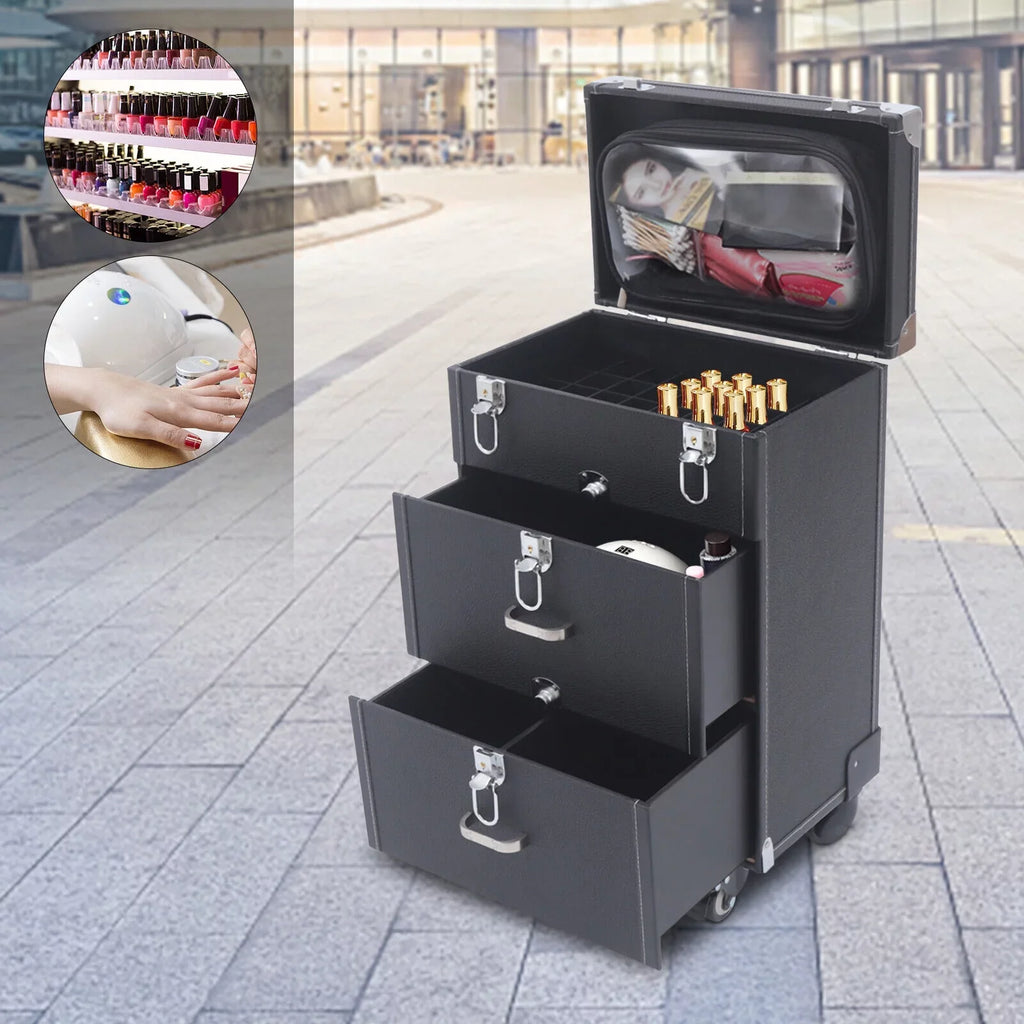 Women's Rolling Makeup Train Case Black Trolley Cosmetic Box Lock Wheels PU Makeup Train Case Cosmetics Rolling Organizer Cases Storage Box Trolley Black Trolley Bag Black Cosmetics Rolling Organizer