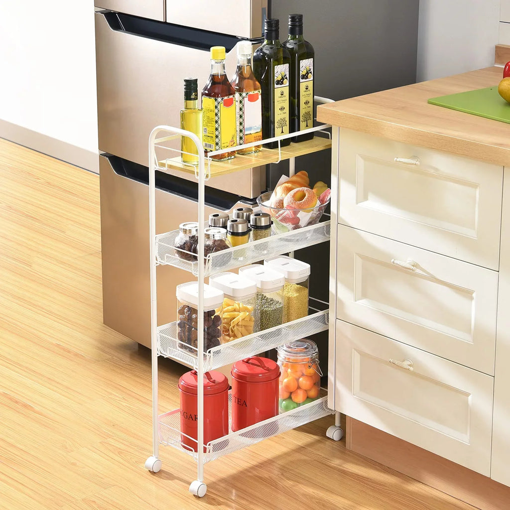 KK KINGRACK 4-Tier School Rolling Cart, Mesh Storage Utility Carts with Wooden Tabletop for Kitchen Bathroom, White
