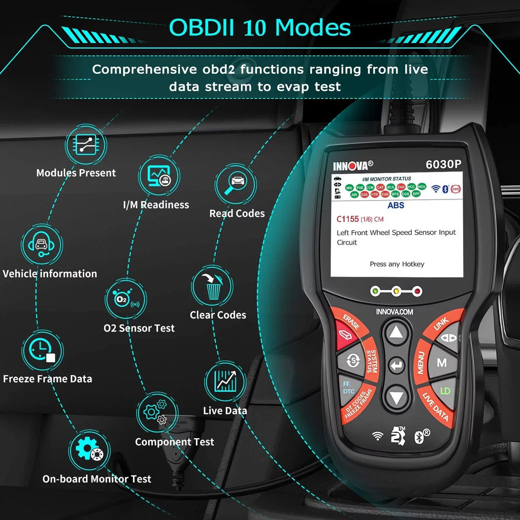INNOVA 6030P OBD2 Scanner Check Engine ABS Code Reader Automotive Diagnostic Scan Tool 12V Battery Alternator Test Full OBDII Modes for EOBD OBD Car Scanner Automotive Scanner Analyzer Turn off MIL