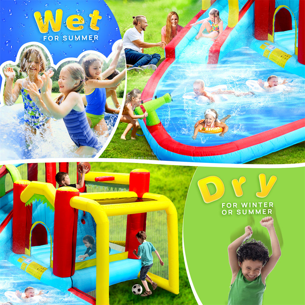 InfLatitudeable Water Slide,7 in 1 Bounce House with Slide,Climbing Wall, Splash Pool, Basketball Rim,Outdoor Backyard Fun Toys for Kid,Blower Included