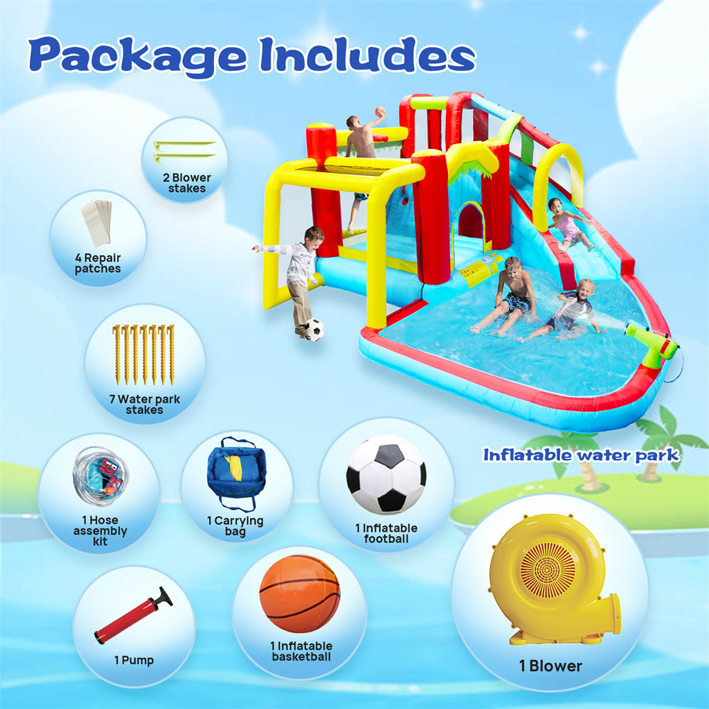 InfLatitudeable Water Slide,7 in 1 Bounce House with Slide,Climbing Wall, Splash Pool, Basketball Rim,Outdoor Backyard Fun Toys for Kid,Blower Included