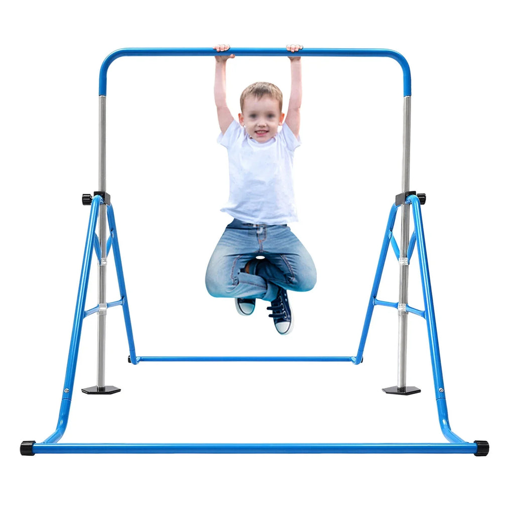 ZhdnBhnos Adjustable Kids Gymnastics Horizontal Bar Folding Junior Training Bar For Home Gym Max Load 100kg/220.5lbs Blue