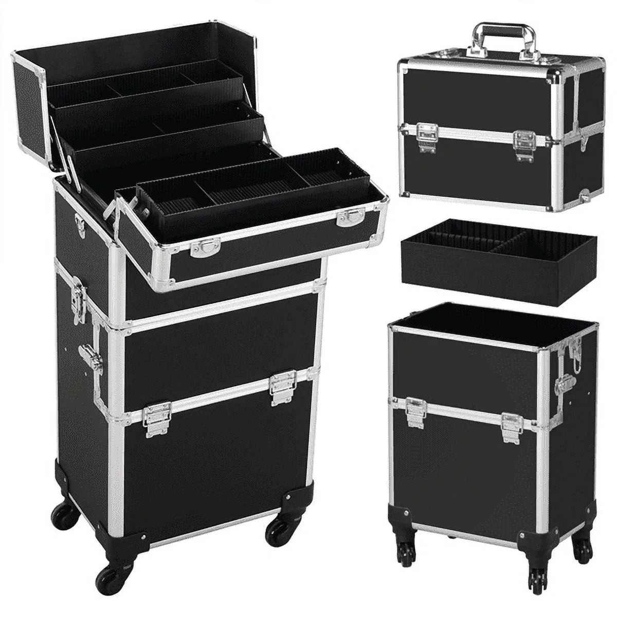 Easyfashion 3-in-1 Rolling Professional Cosmetic Makeup Case, Black