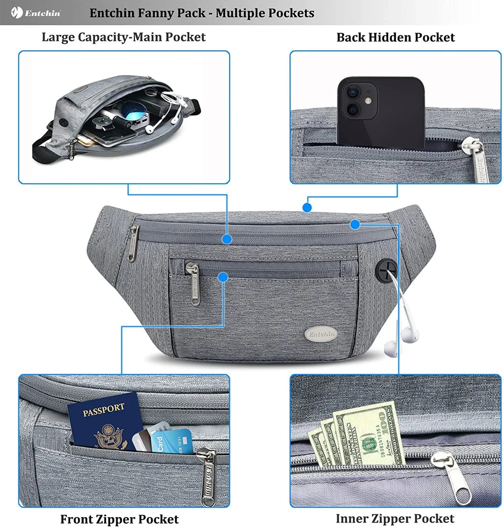 Entchin Fanny Pack for Women Men with 4-Zipper Pockets, premium fashion Waist Pack Crossbody Bum Bags for Hiking, Running, Travel, Cycling and Casual