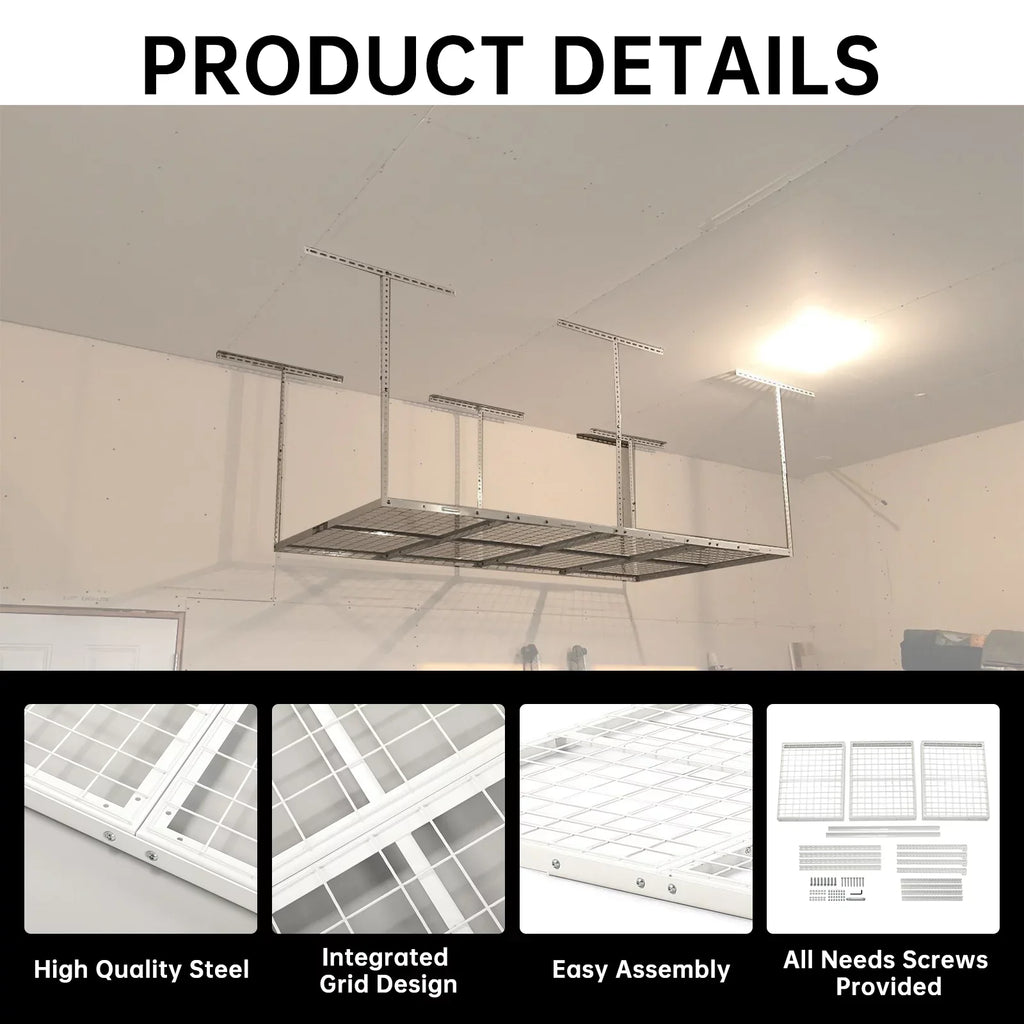 HECASA 72" x 36" Overhead Garage Storage Rack Adjustable 3x6 Ceiling Garage Organization Wall Shelf Ceiling Mounted Storage Racks White
