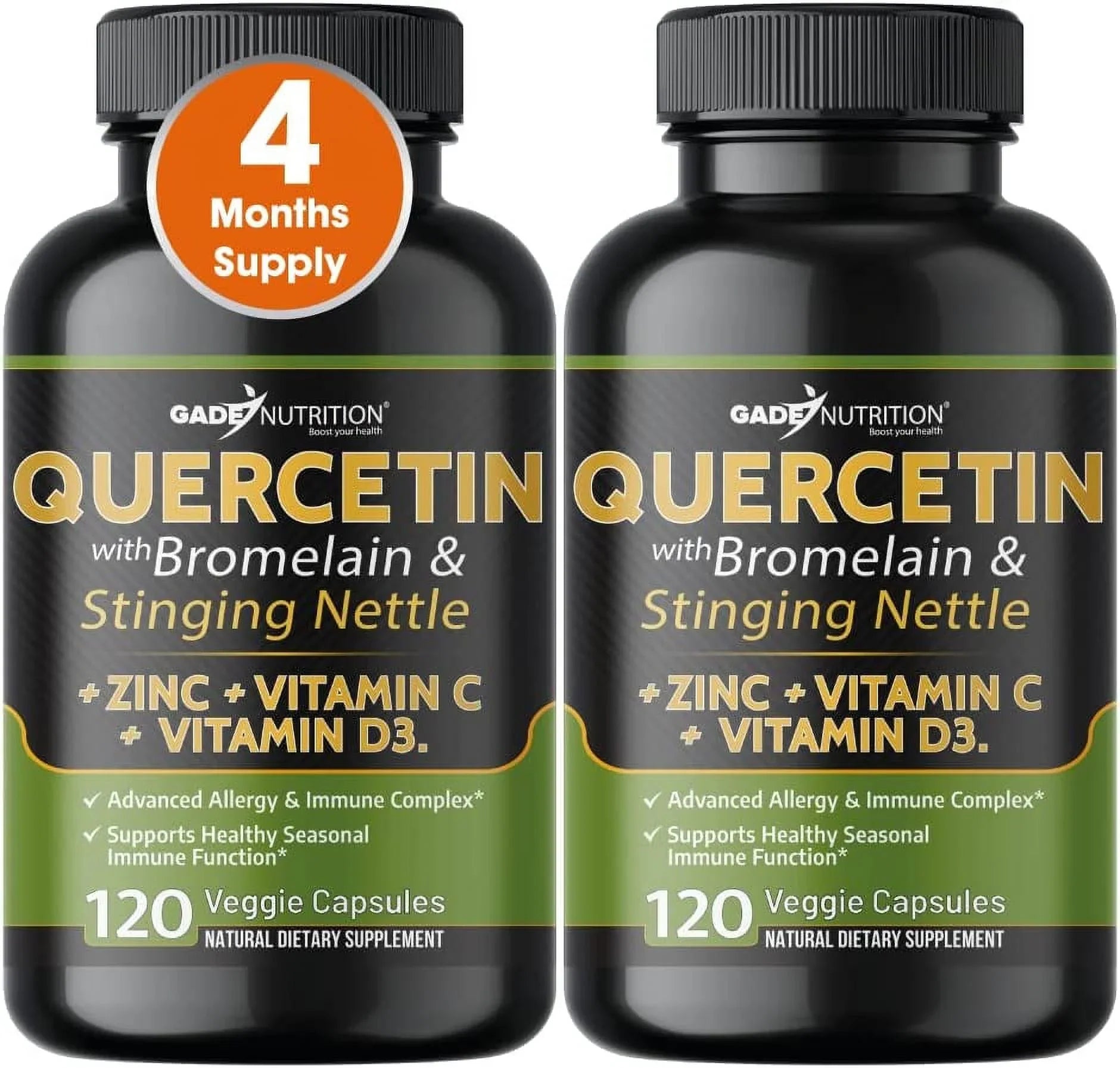 Quercetin with Vitamin C and Zinc - Nettle Quercetin - Quercetin 500mg - Quercetin with Bromelain - Zinc Quercetin + Vitamin D3 - 240 Veggie Caps - (Non-GMO, Gluten-Free, Vegan) 4 Month Supply