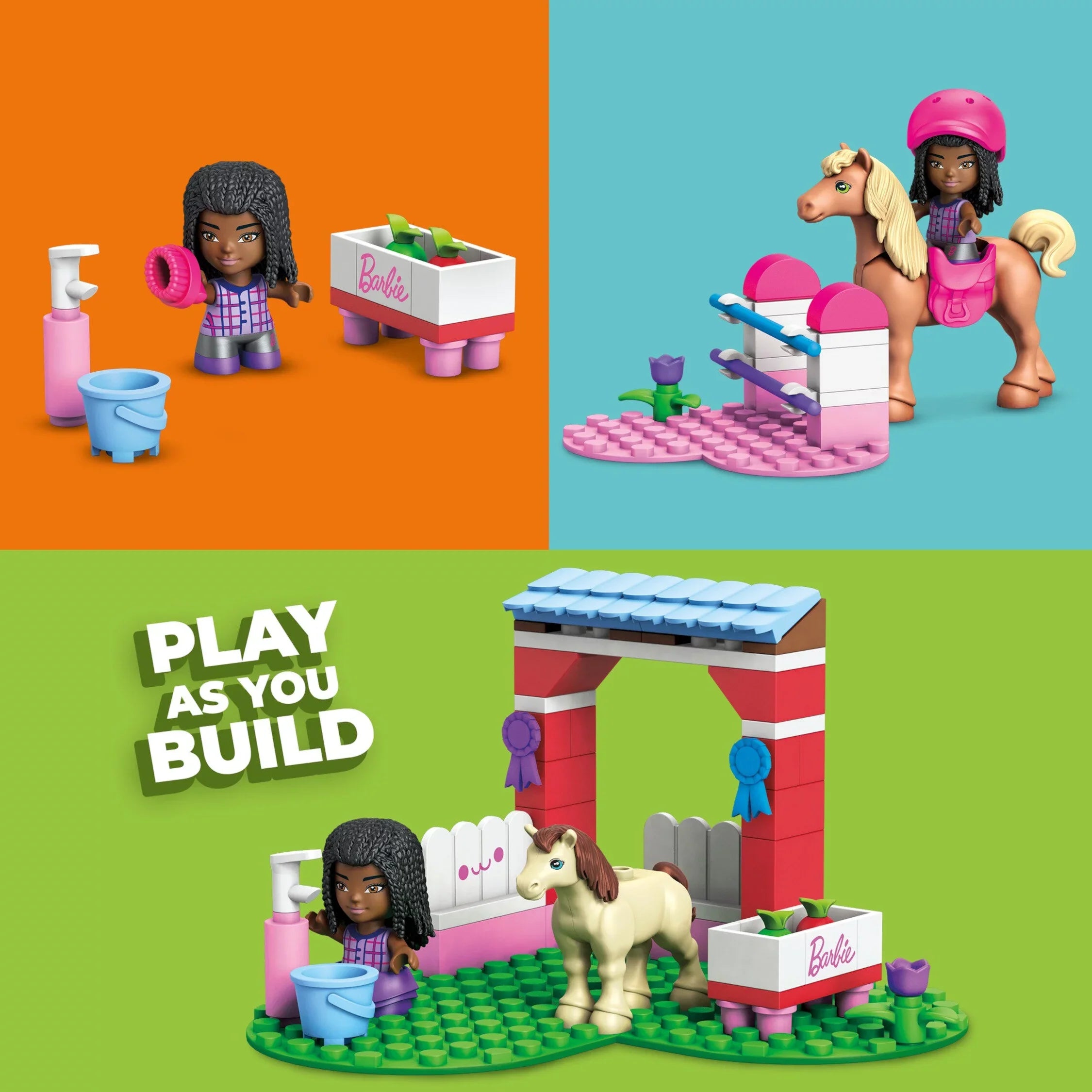 MEGA Barbie Building Toy Kit Horse Jumping with 1 Micro-Doll and Horses (73 Pieces)