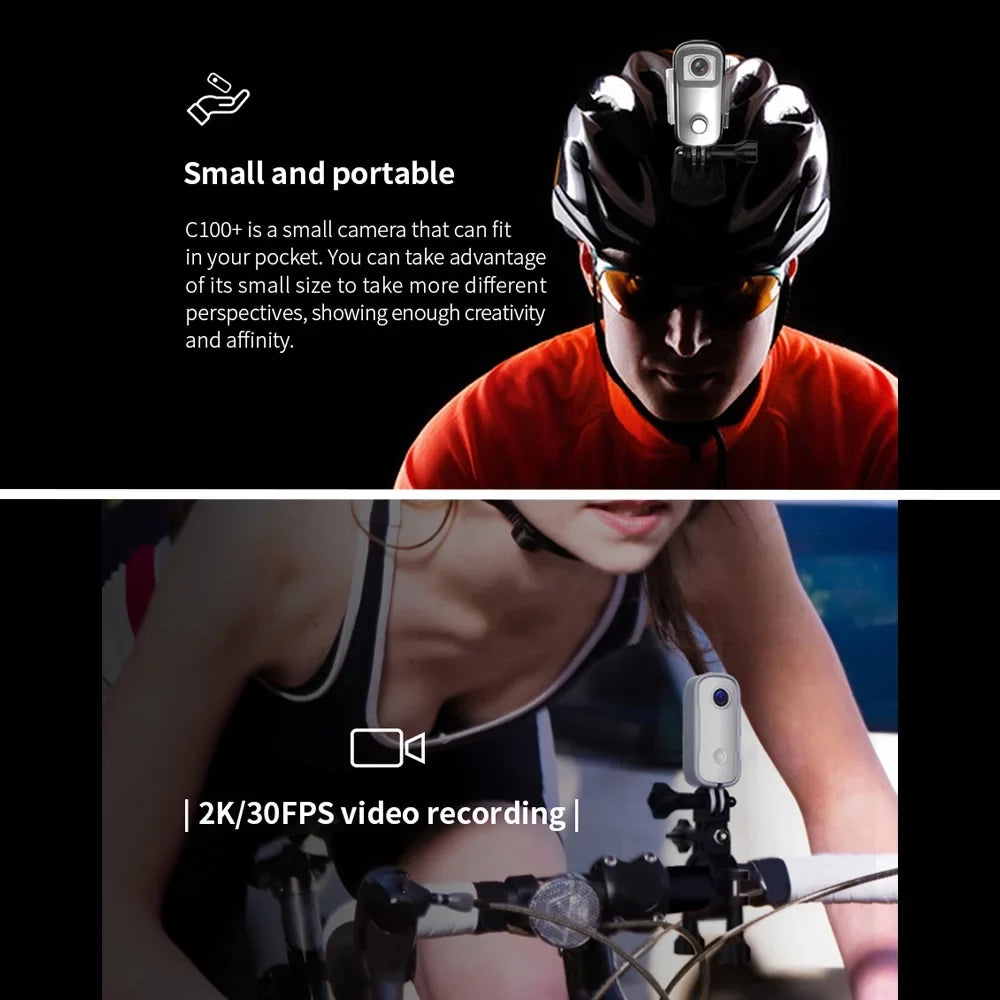 C100+   Camera 2K 30fps Video Digital Camera 30M Waterproof Magnetic Body Built-in Rechrageable Battery WiFi Connection APP Sharing with Waterproof Case Back Clip Lanyard