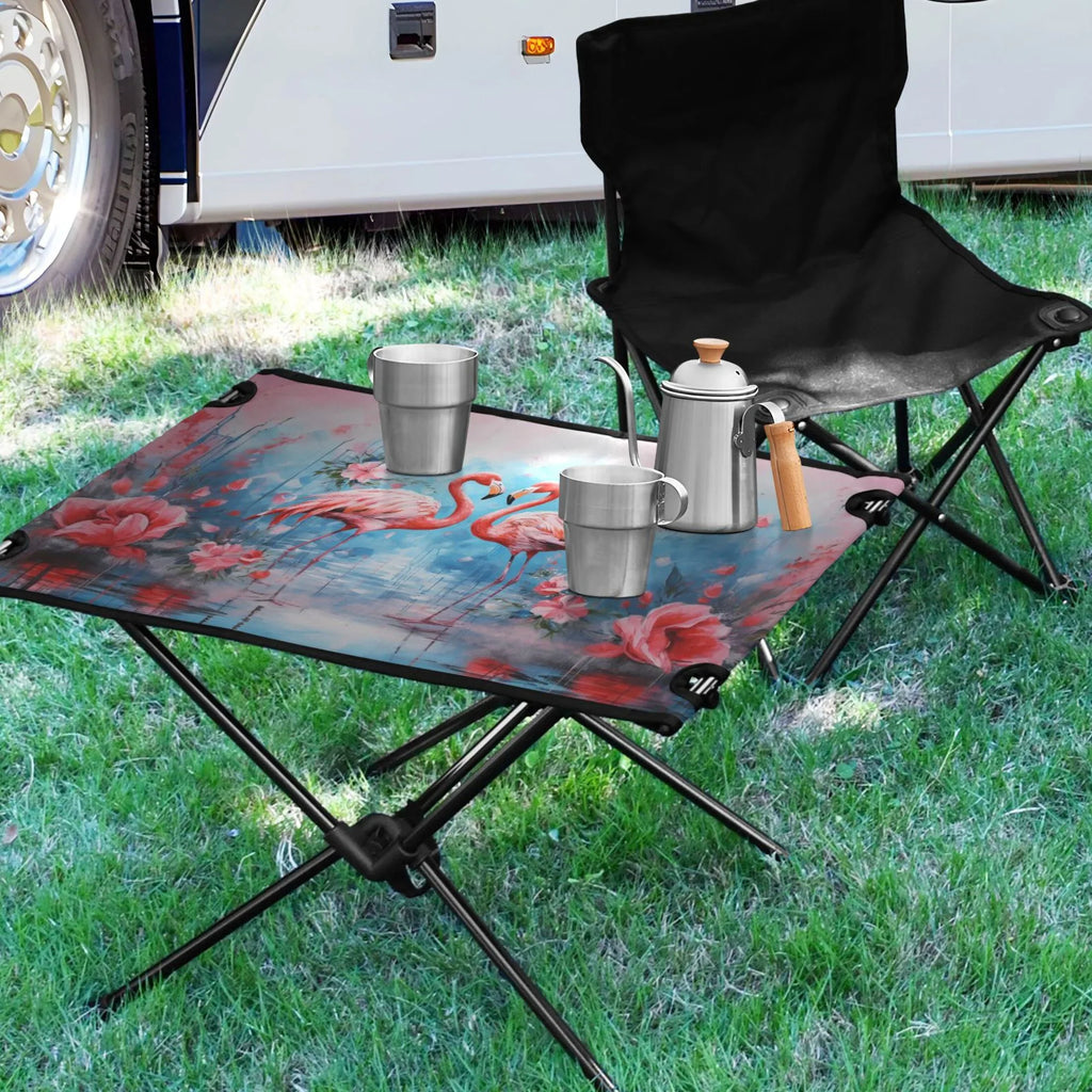 Flamingos and Flowers Camping Foldable Portable Table Beach Table with Storage Bag Compact Picnic Table for Outdoor Hiking Fishing BBQ