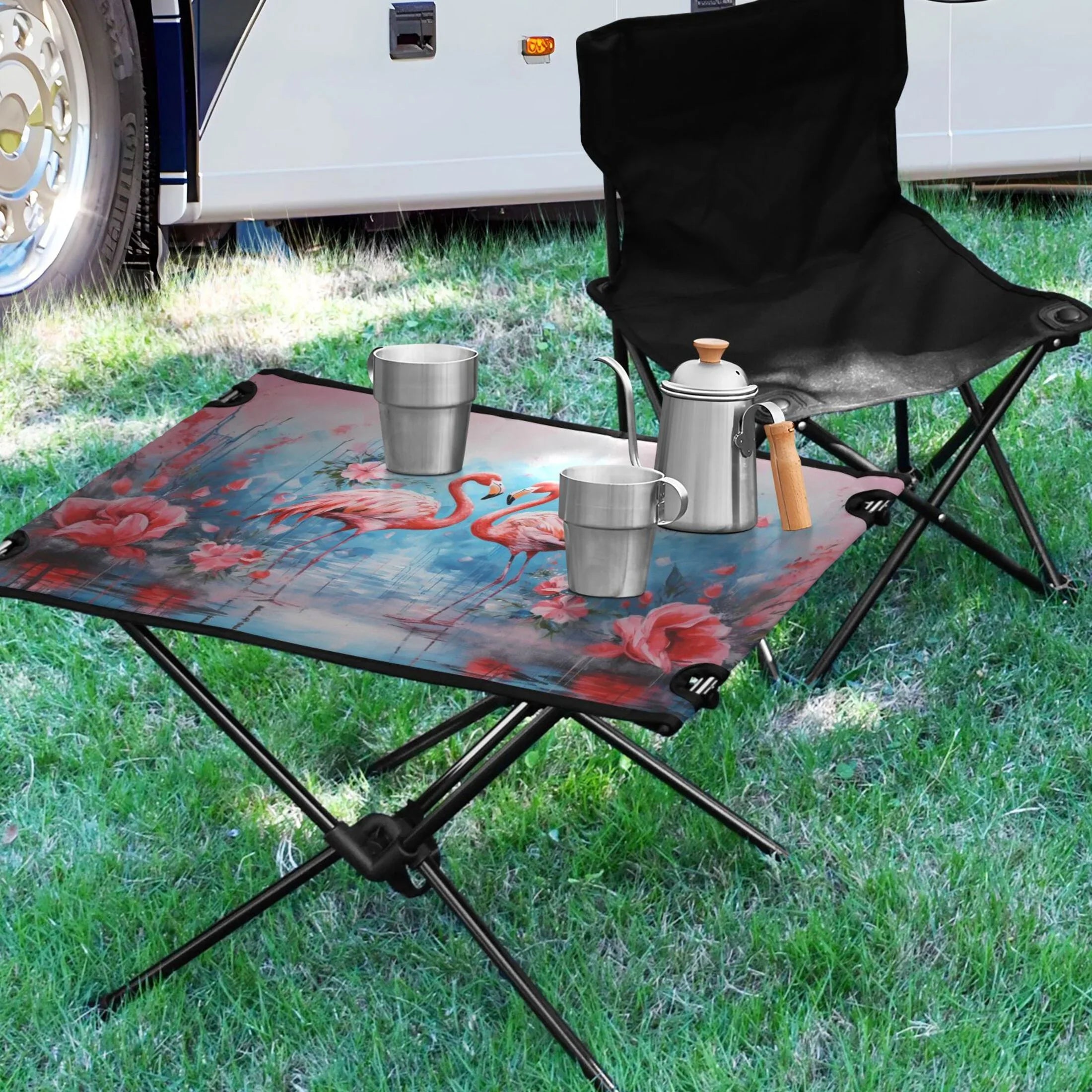 Flamingos and Flowers Camping Foldable Portable Table Beach Table with Storage Bag Compact Picnic Table for Outdoor Hiking Fishing BBQ