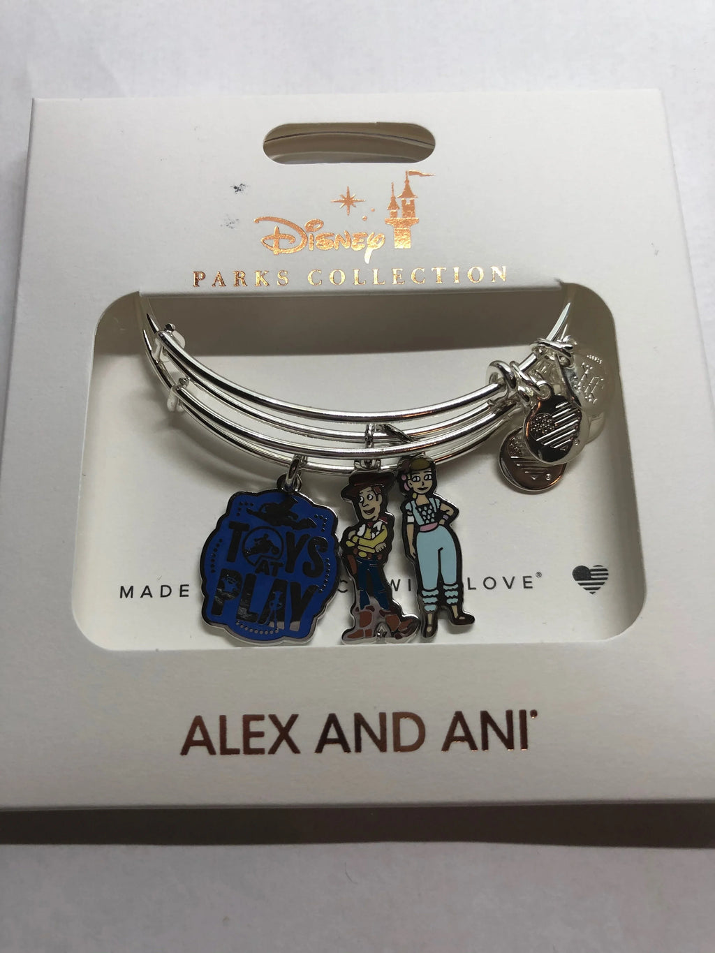 Disney Parks Toy Story Woody BoPeep Charm Bangle Bracelet Alex &amp; Ani Silver New