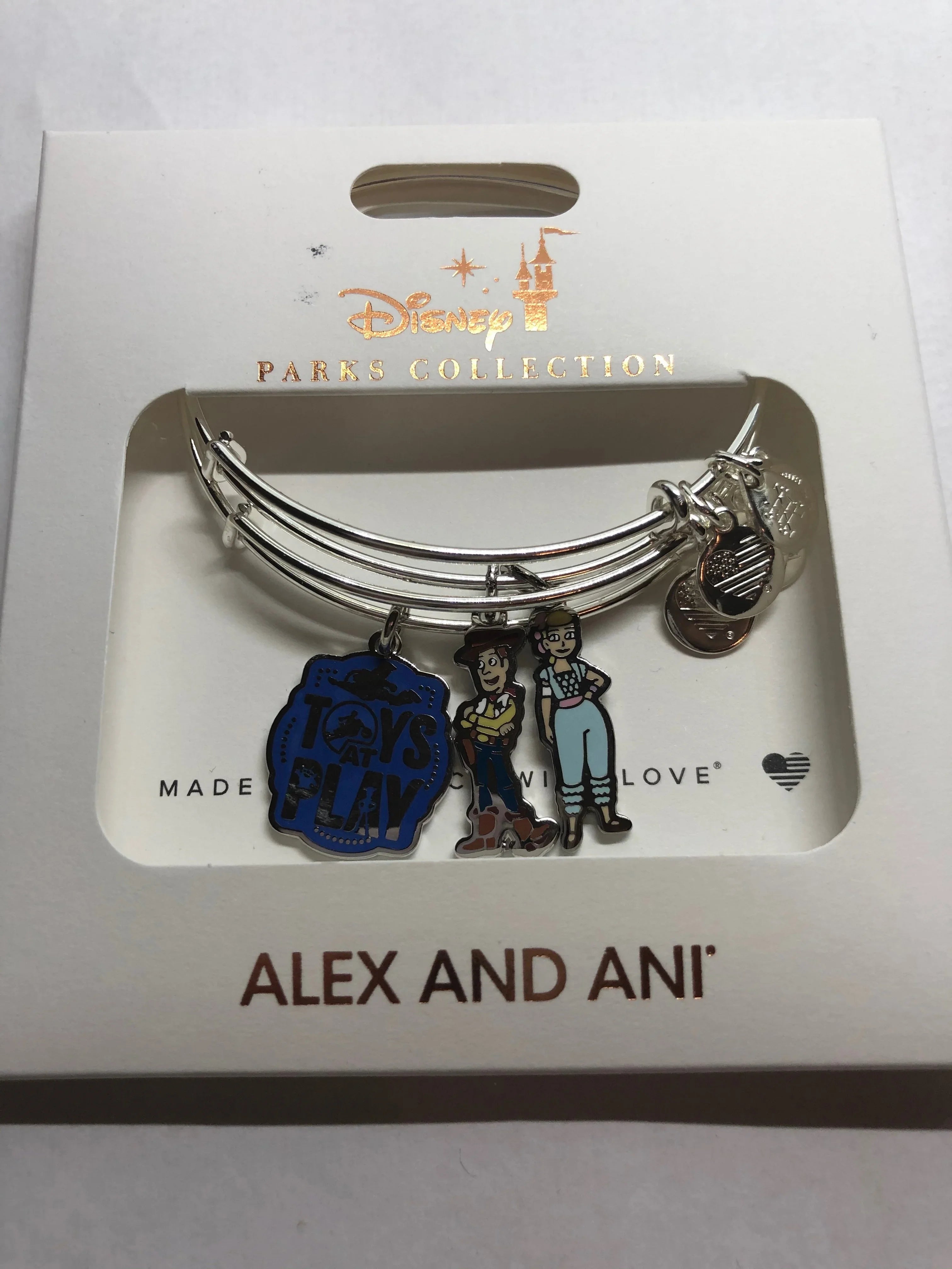 Disney Parks Toy Story Woody BoPeep Charm Bangle Bracelet Alex &amp; Ani Silver New