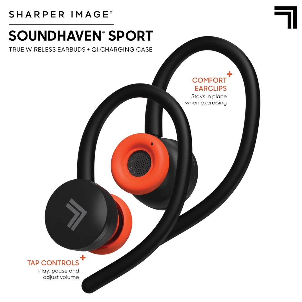 Sharper Image® SoundHaven® Sport True Wireless Bluetooth Earbuds with Qi Charging Case, Black