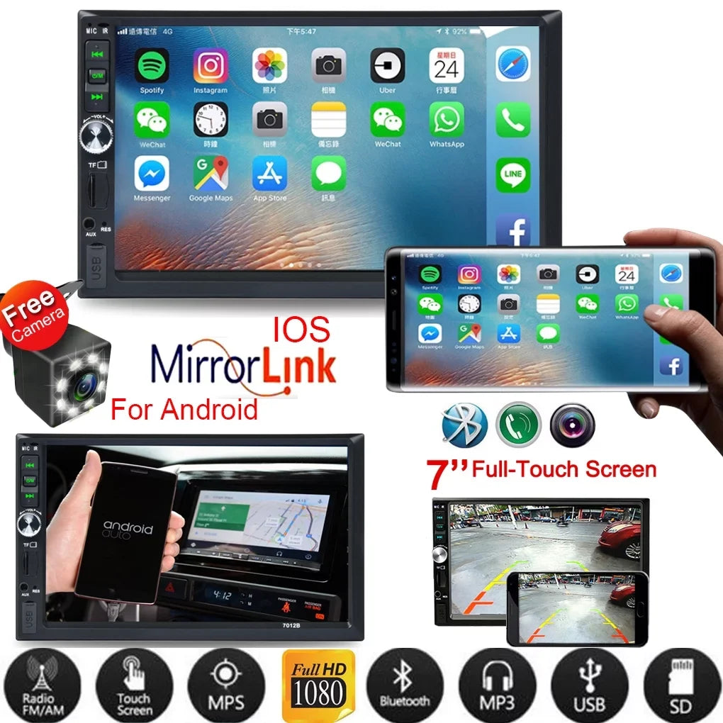 7" Double Din Radio Car Stereo Bluetooth HD Touch Screen with Reverse Camera And Mirror Link(Both Support Android and ios System)