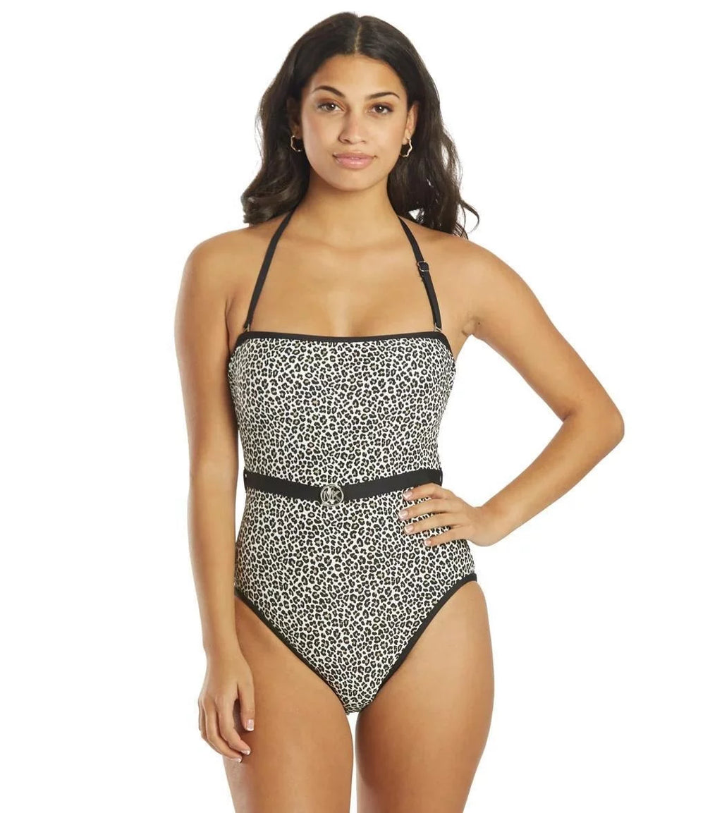 Michael Kors Women's Logo Belt Printed Bandeau One Piece Swimsuit Black Size 8