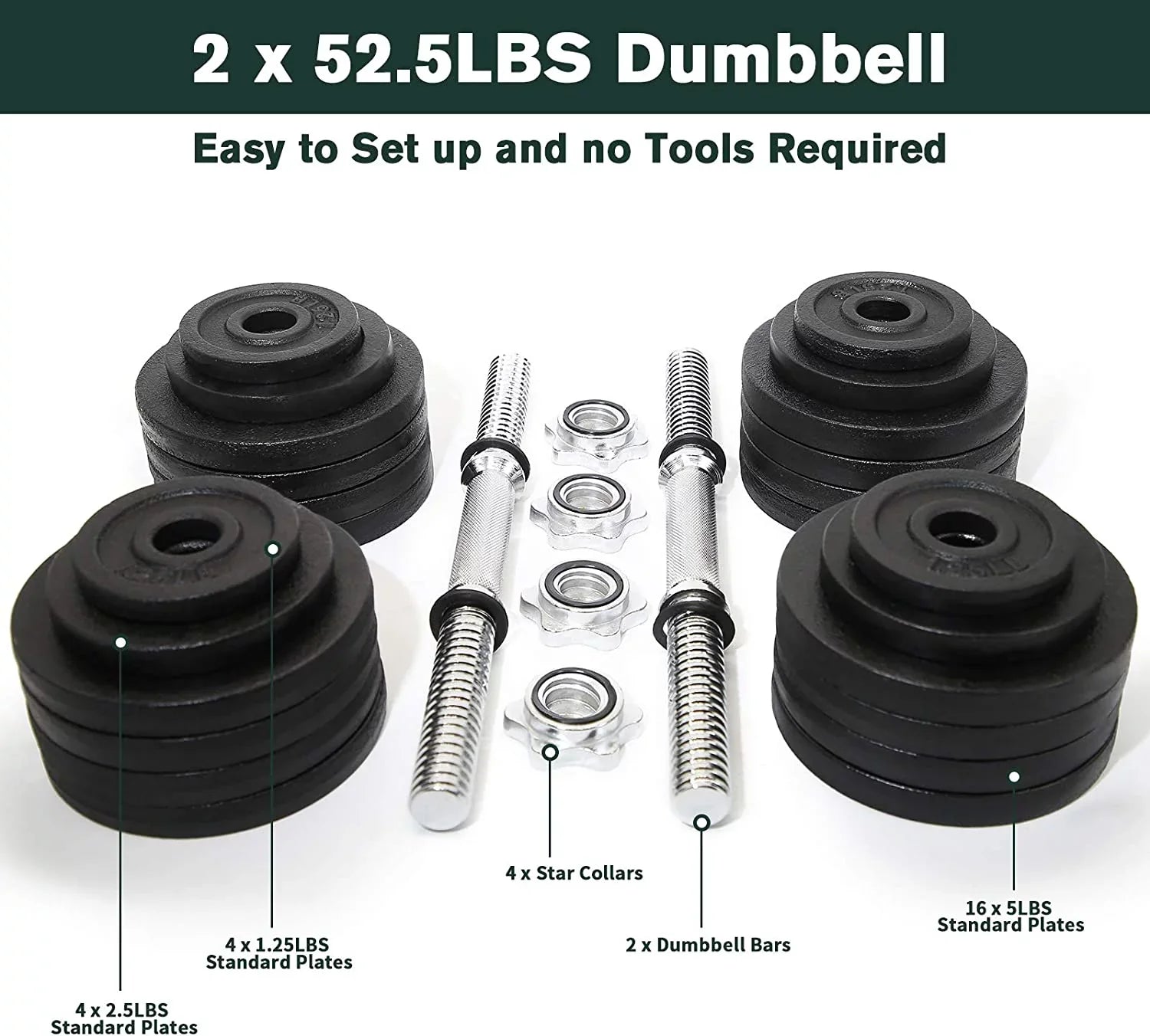 Adjustable Weight Cast Iron Dumbbells Set 105lbs