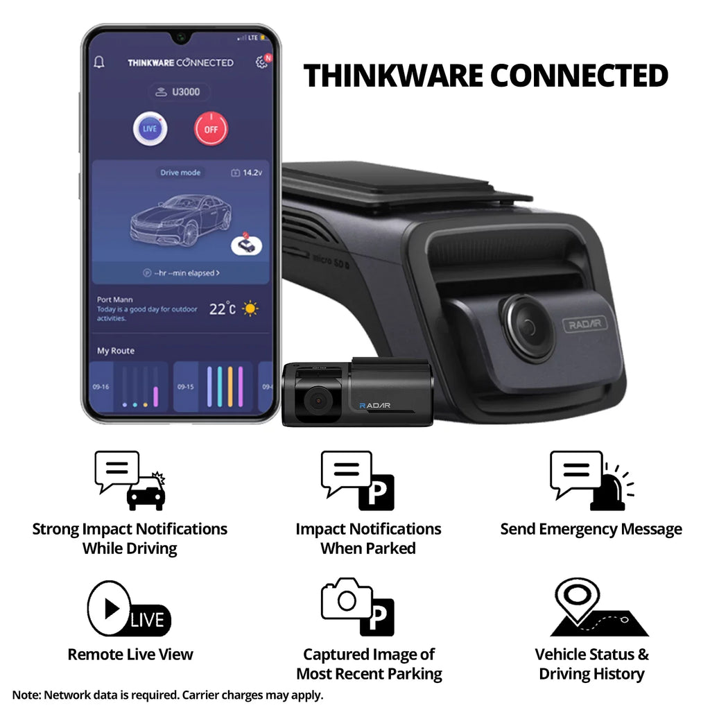 THINKWARE U3000 Ultra 4K Dash Cam Front and Rear 2CH STARVIS 2 Sensor Super Night Vision Dashcam for Car Camera 5GHZ WiFi GPS Radar Buffered Parking Mode CPL Seed Red Light Alerts OBD Cable