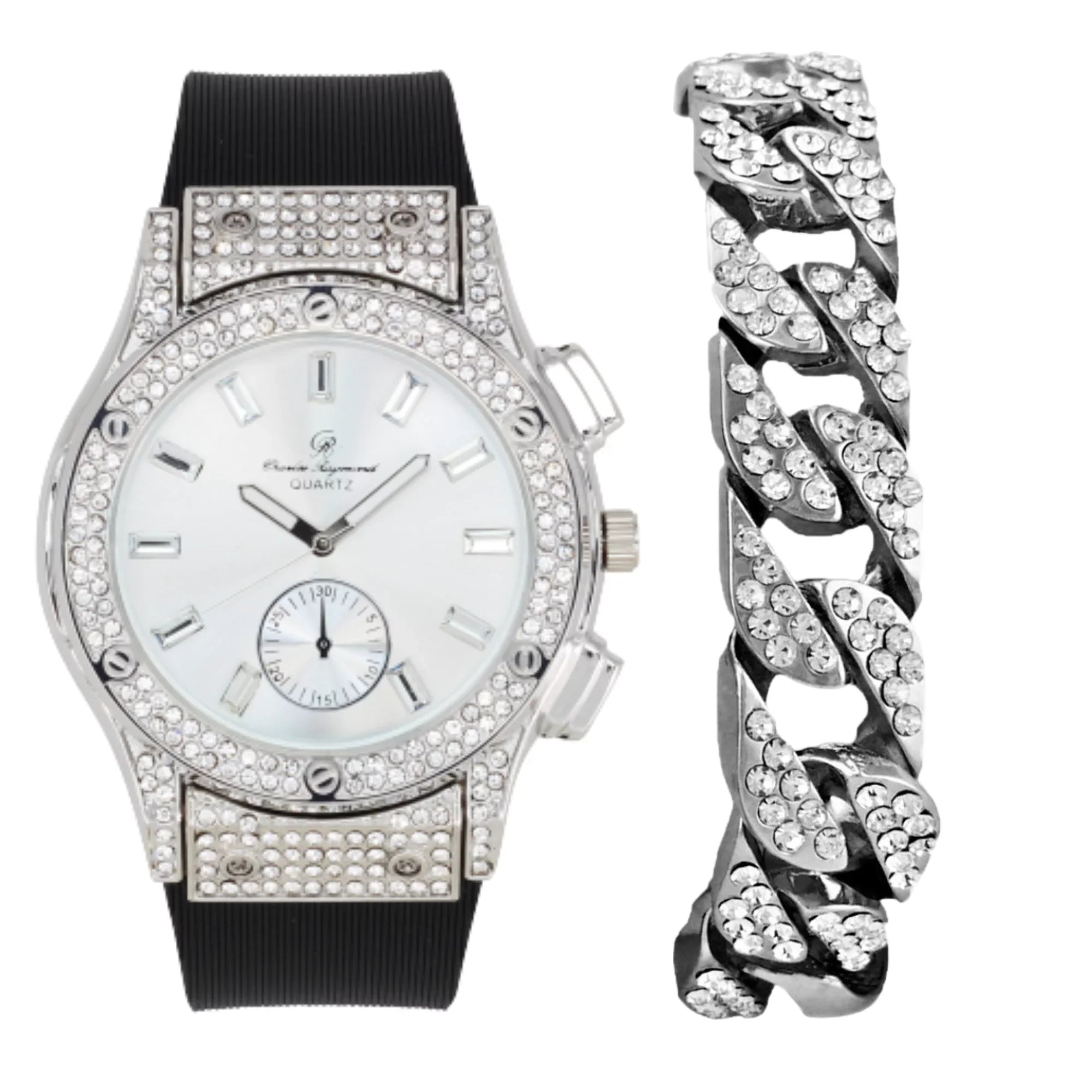 Bling-ed Out It's Lit! Hip Hop Watch & Jewerly Set w/Cuban Chain Bracelet, Kite Bling Earrings & Ring - GJM13 (8, ST10311 SB SLV) ASIN: B0CHF5CL34