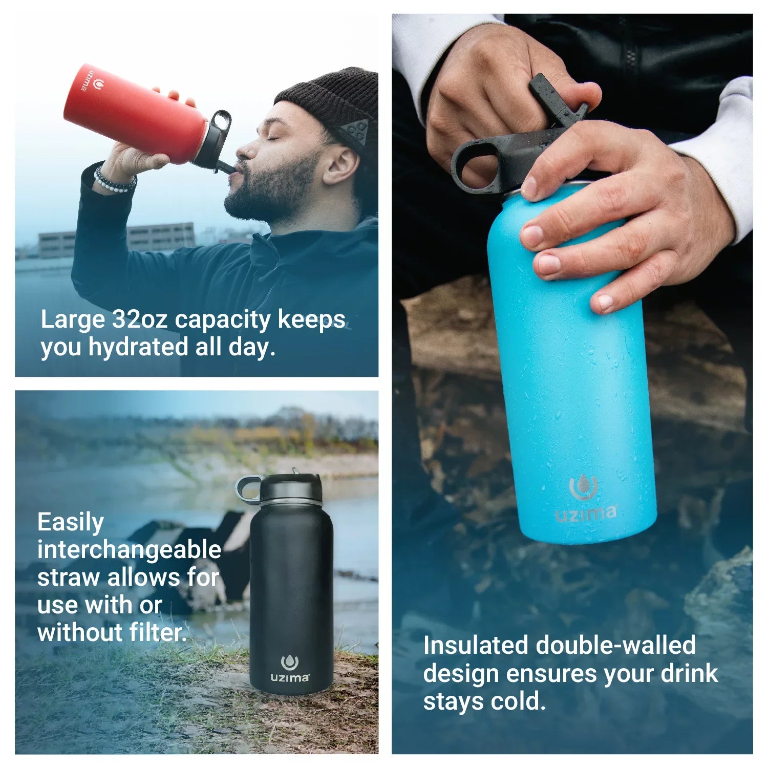 Uzima - Z-Source Filtered Water Bottle for Hiking, Backpacking, Camping, and Travel. Water Purification on the Go. Large 32oz Capacity with Double-Walled Stainless Steel Exterior. (Blue)