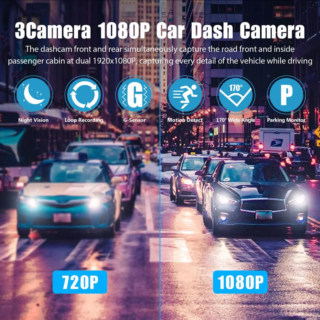 HD 1080P Car Dual Dash Cam,  Front/Rear/Inside Dual Lens Dash Camera,  Video Recorder Camera with G-sensor