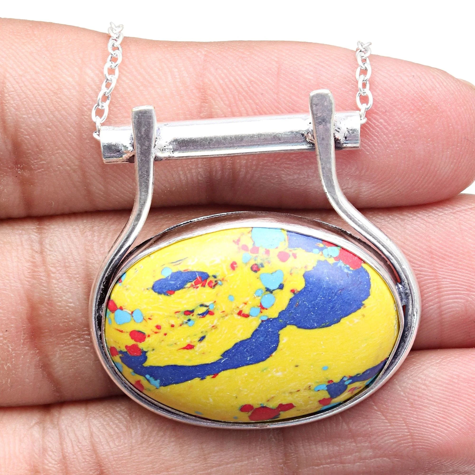 Mosaic Jasper Gemstone Mother's Day Handmade 925 Silver Jewelry Necklace 20 in