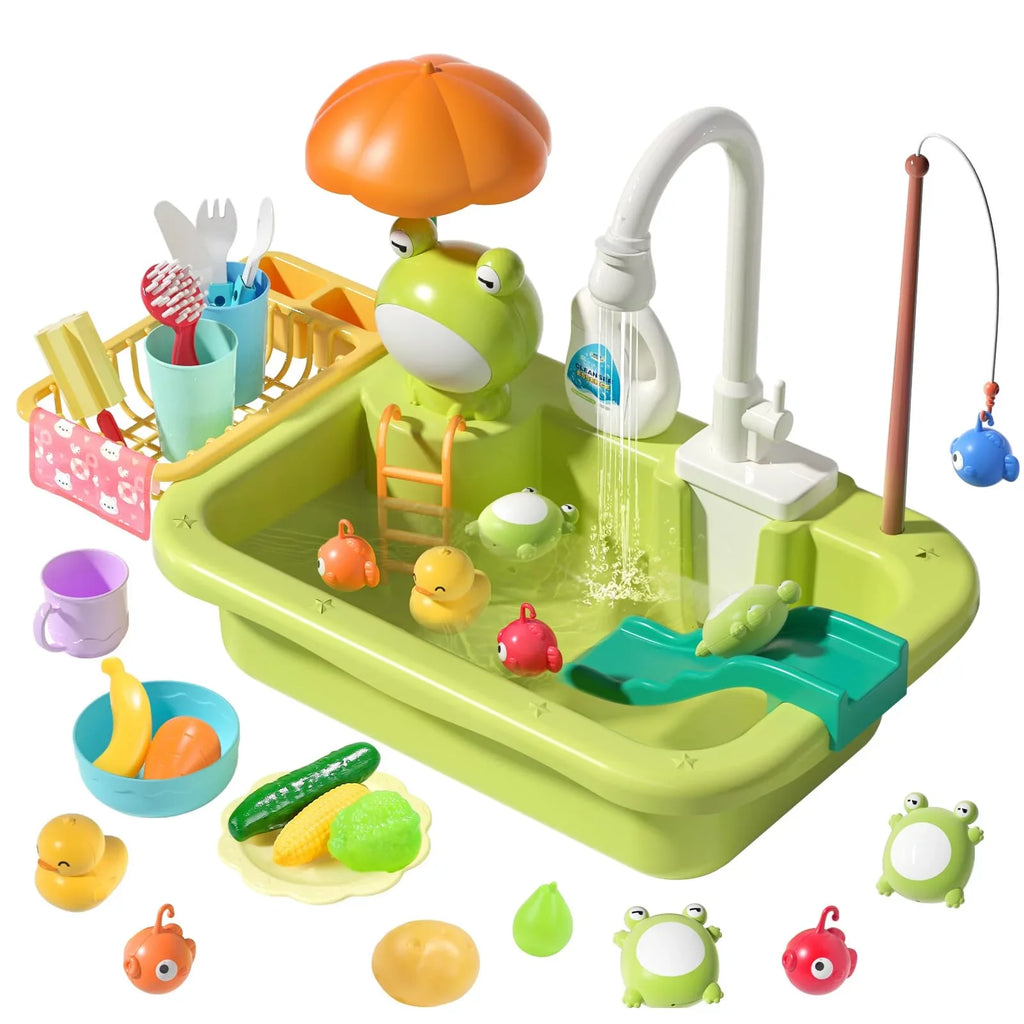 Play Sink with Running Water, Kitchen Sink Toys with Upgraded Electric Faucet, Play Kitchen Toy Accessories, Pool Floating Fishing Toys for Water Play, Kids Role Play Dishwasher Toy