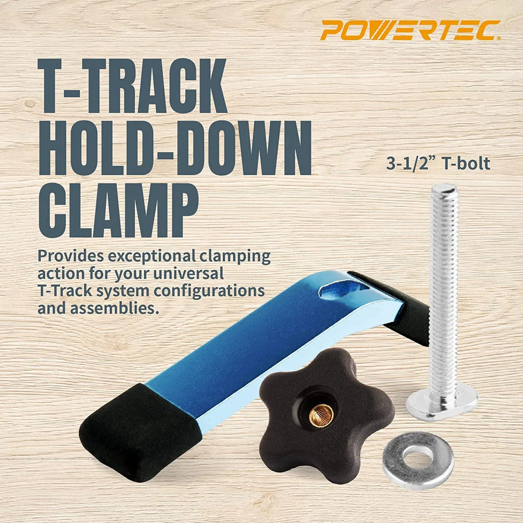 POWERTEC T Track Knob Kit w/Hold Down Clamps, (Set of 10) 1/4-20 x 1-1/2" Hex Bolts and Washers, 2x5-1/2" L Hold Down Clamps, T Track Kit, T Track Accessories for Woodworking Jigs and Fixtures (71846)