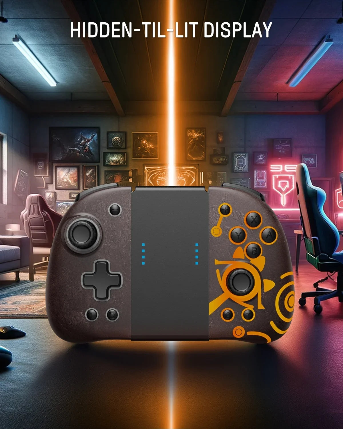Funlab Luminous Switch Controller Compatible with Nintendo Switch/OLED, Ergonomic Joypad Controller for Handheld Mode with 7 LED Colors/Paddle/Turbo for Zelda Fans - Sheikah Brown