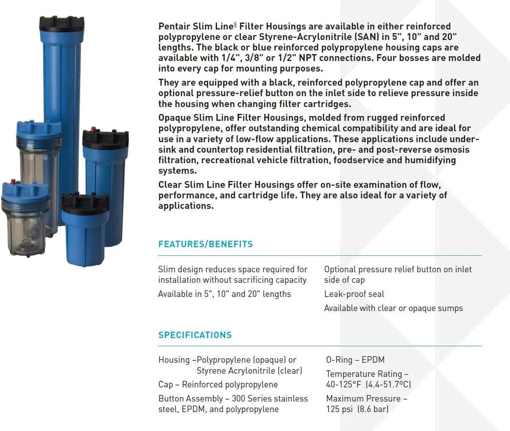 Pentek 158116 10" Slim Line Filter Housing features a clear sump and 1/4" Female Pipe Threads. No pressure release.