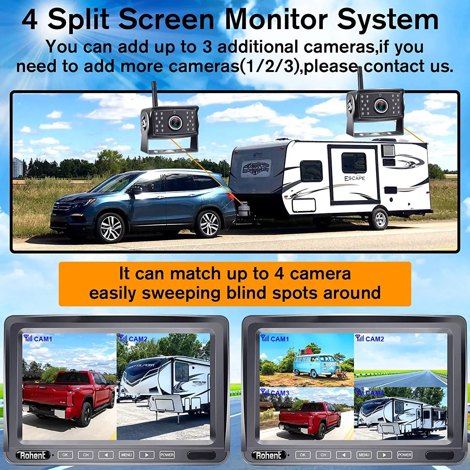 Upgraded Digital Wireless Backup Camera High-Speed Observation System for RV Truck Trailers Camper 5th Wheel with 7" Monitor Split Screen Recorder Driving/Reverse Use IP69K Waterproof Night