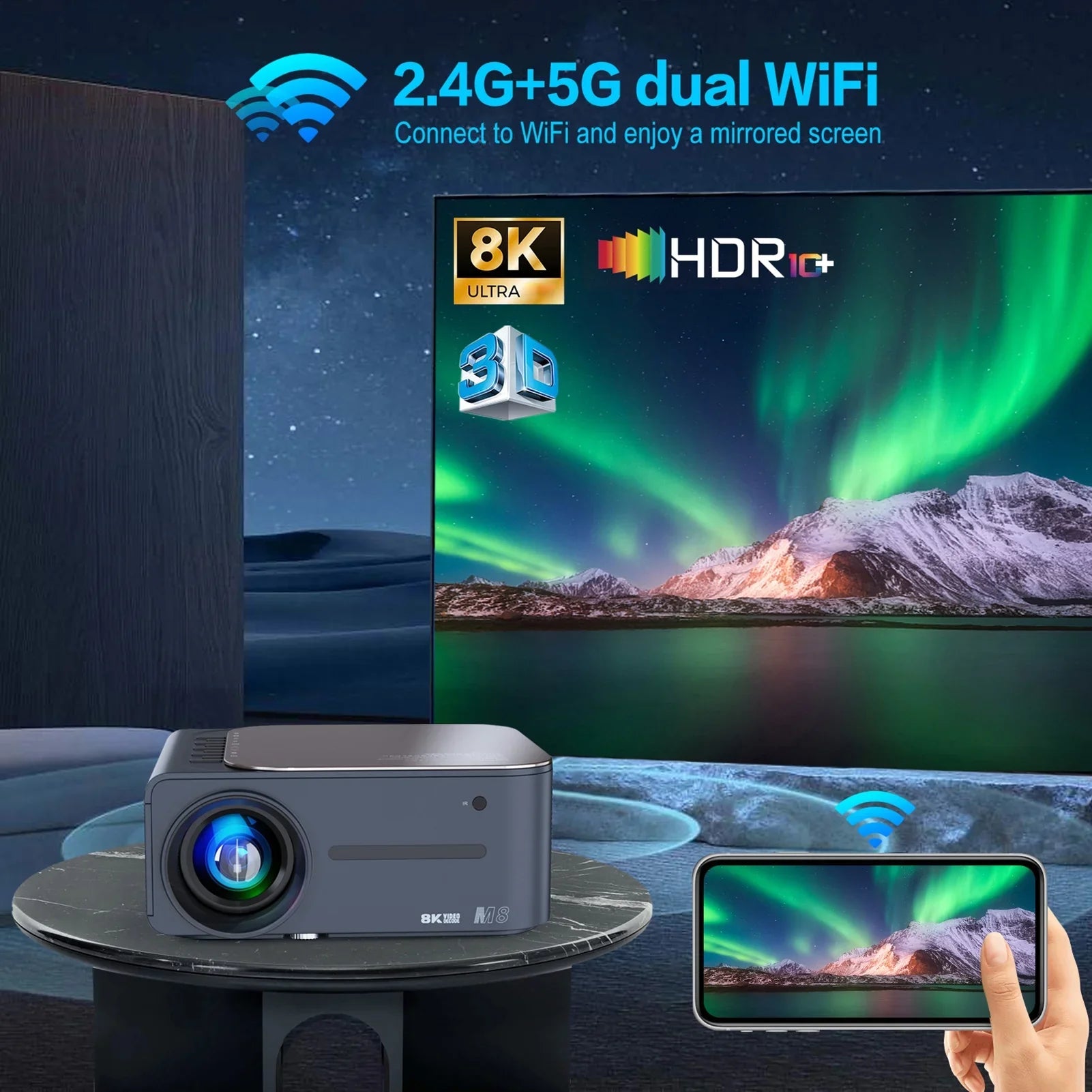 moobody Projector 8K HDR Ultra Clear 2.4G+5G WiFi BT5.0 Keystone Correction Android 9 80,inch Large Screen AI Intelligent Voice Control