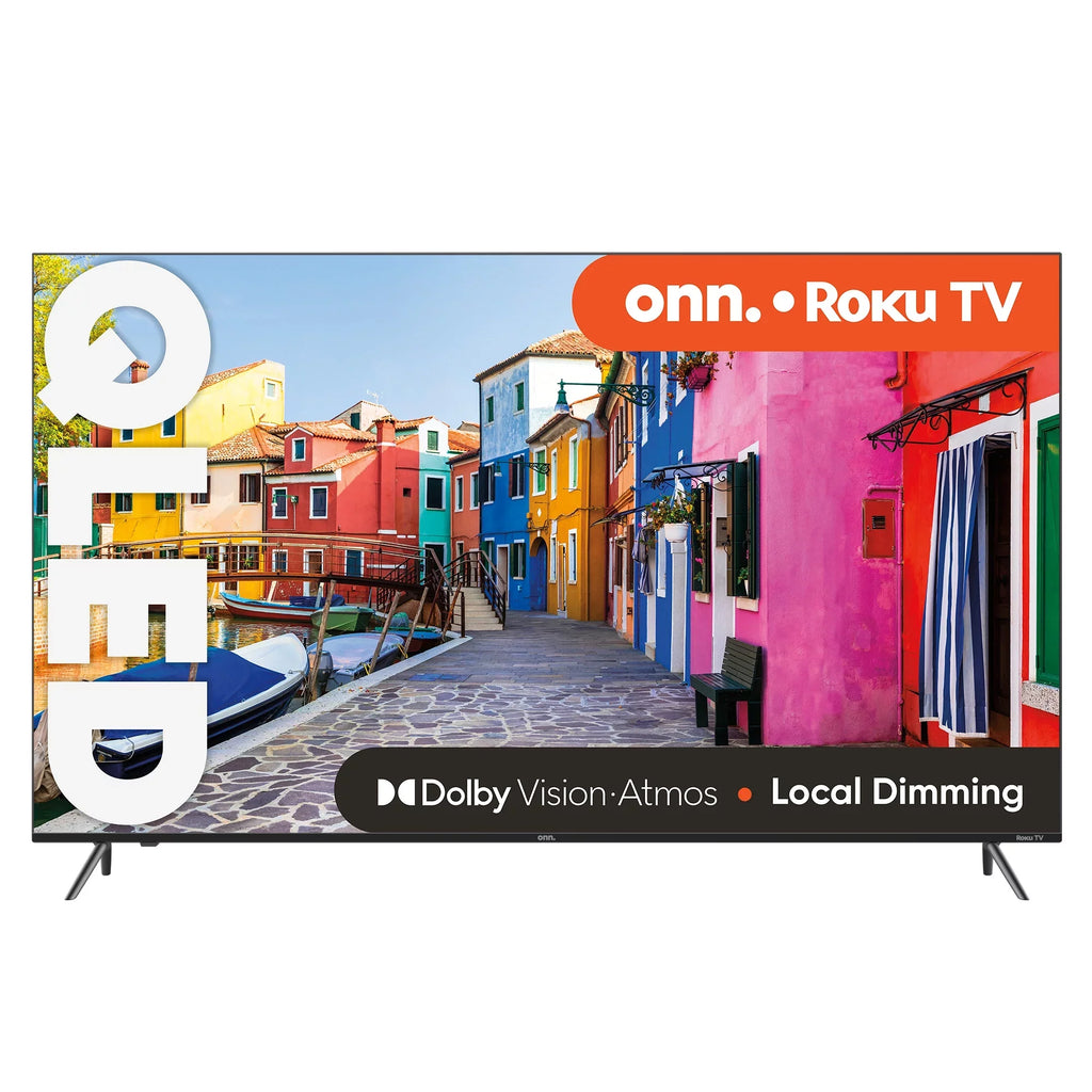 onn. 75” QLED 4K UHD (2160p) Roku Smart TV with Dolby Atmos, Dolby Vision, Local Dimming, 120hz Effective Refresh Rate, and HDR (100071709)