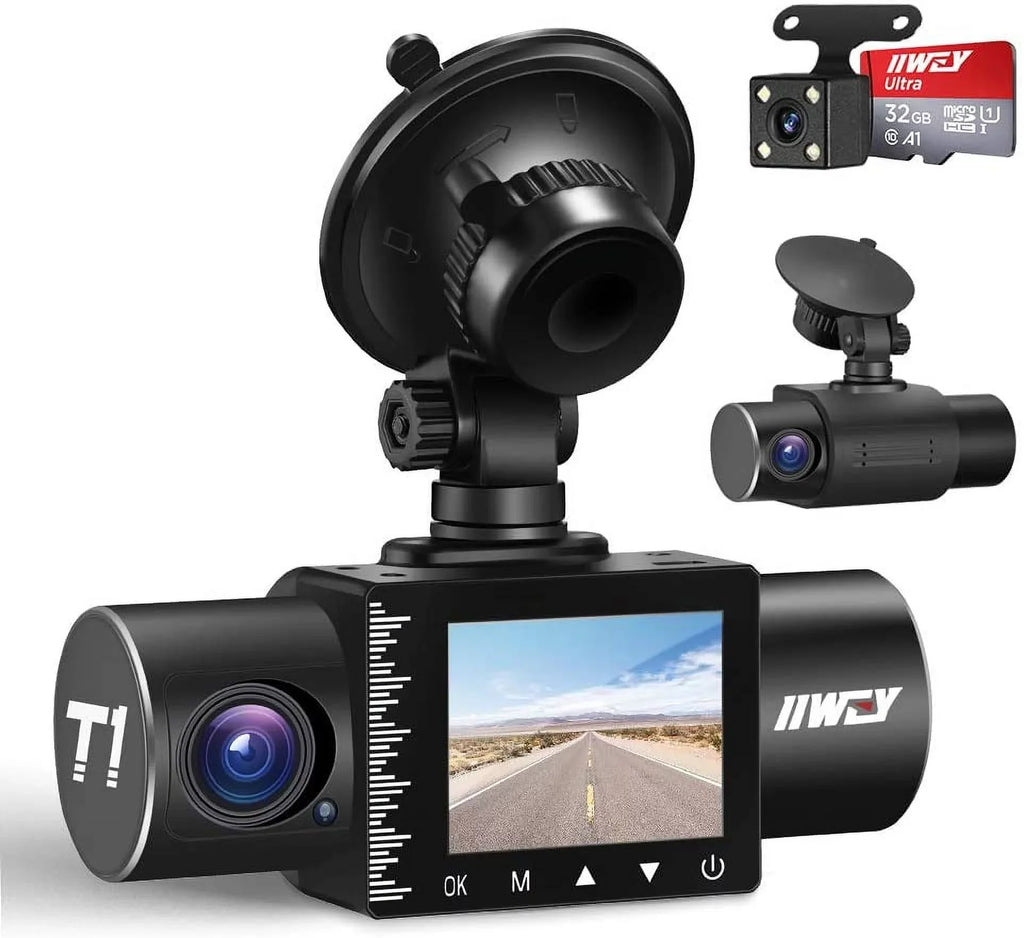 Dash Cam Front Rear and Inside 1080P Three Channels with IR Night Vision Car Camera SD Card Included Dashboard Camera Dashcam for Cars HDR Motion Detection and G-Sensor for Car, Taxi, Uber