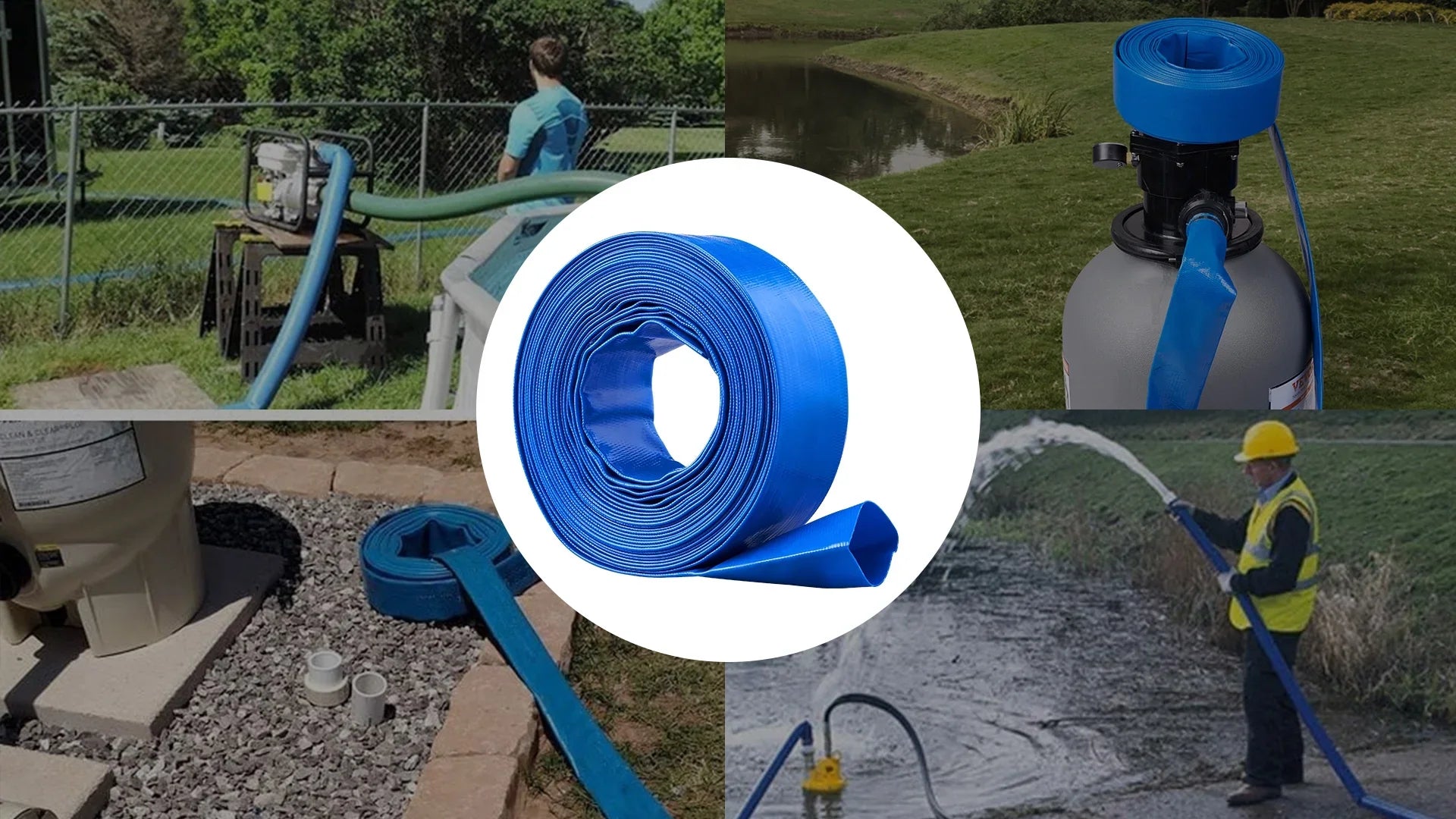 BENTISM Swimming Pool Filter Backwash Hose with Clamps 2'' x 50' Premium PVC Lay FLatitude Discharge Hose Blue Weather and Chemical Resistant