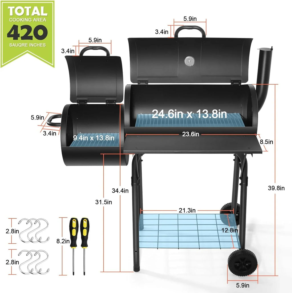 Outdoor BBQ Grill, Barrel Charcoal Grill with Offset Smoker, Camping Barbecue Grill for Patio Backyard Garden Party Picnic, Large 420.SQ.IN Cooking Area, 2 Screwdrivers & 6 Hooks - Black