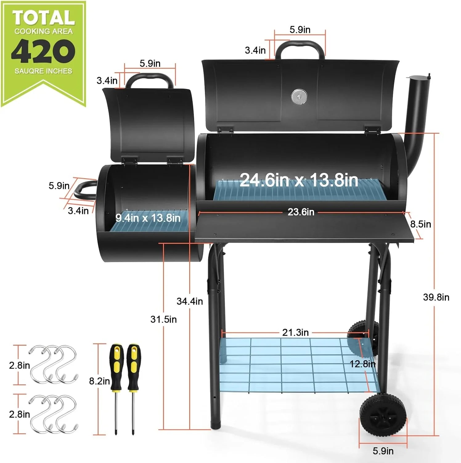 Outdoor BBQ Grill, Barrel Charcoal Grill with Offset Smoker, Camping Barbecue Grill for Patio Backyard Garden Party Picnic, Large 420.SQ.IN Cooking Area, 2 Screwdrivers & 6 Hooks - Black