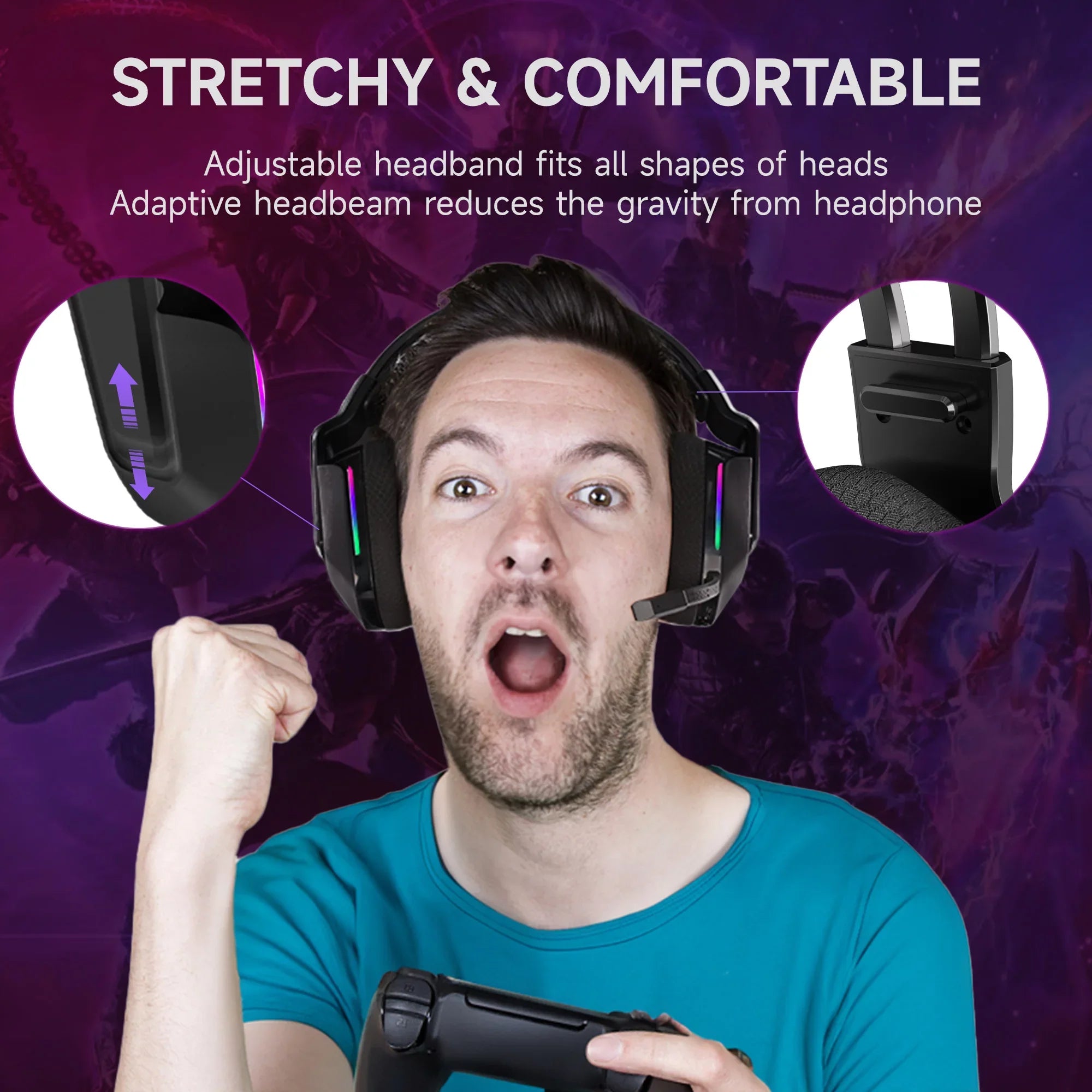 HTQ Wireless Gaming Headset with Noise-Cancelling Mic, RGB Lights 7.1 Surround Sound for PC, PS4/5, Nintendo Switch, 3.5mm Wired for Xbox One/Series x/s, 300g, Black