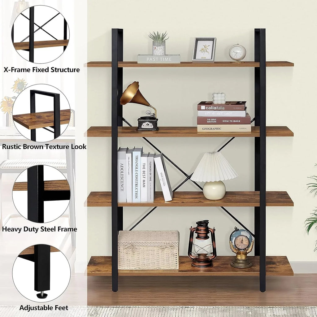 DIQIN 4-Tier Bookshelf, Tall Bookcase with Metal Frame, Book Shelf, Open Display Shelves for Living Room, Bedroom, Home Office, Rustic Brown