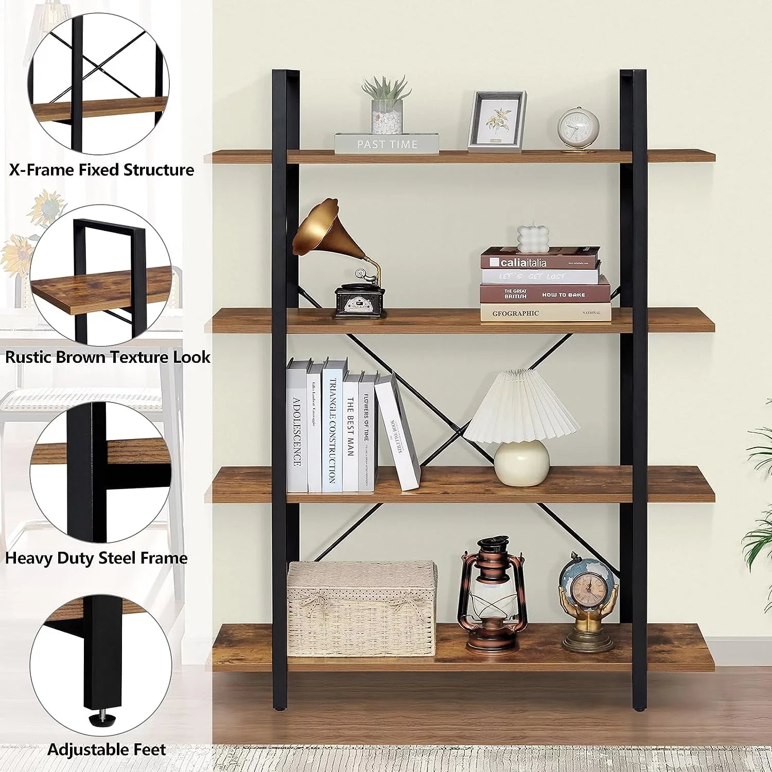 DIQIN 4-Tier Bookshelf, Tall Bookcase with Metal Frame, Book Shelf, Open Display Shelves for Living Room, Bedroom, Home Office, Rustic Brown