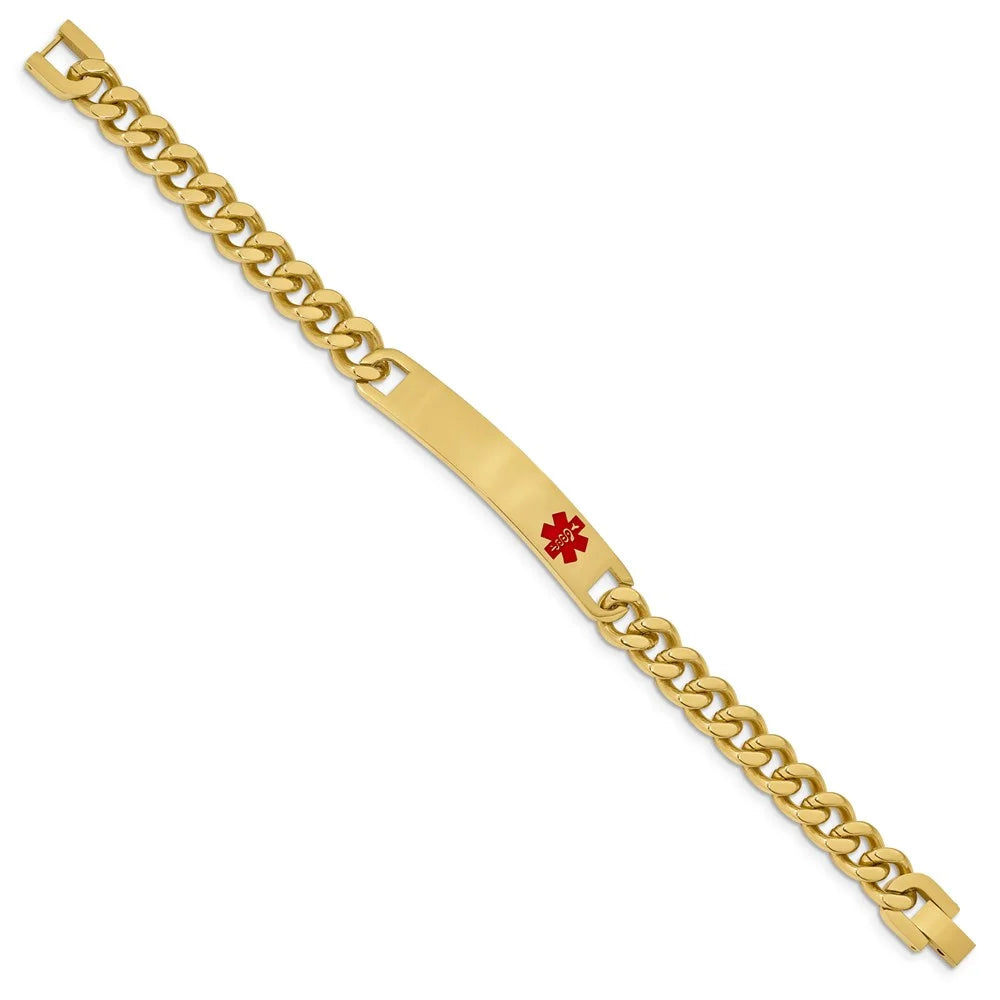 Stainless Steel Bracelet Medical Curb Kelly WatersT 10 mm 8.25 in Waters Yellow PVD PLatitudeed Red Epoxy ID Engravable